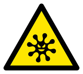 Vector evil virus flat warning sign. Triangle icon uses black and yellow colors. Symbol style is a flat evil virus attention sign on a white background. Icons designed for careful signals, road signs,