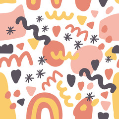 Colorful seamless pattern. Memphis style. Vector texture with stone fragments, hearts, snowflakes, shapes. Trendy abstract background. Hand drawn design for textile, fashion card, invitation.