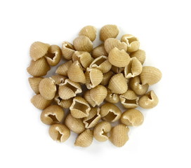 Wholemeal pasta on a white background 
