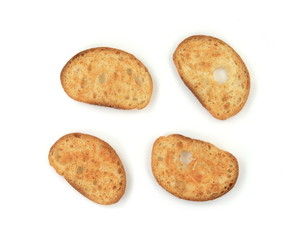 Sliced bruschetta on white background. Crusty bread bruschetta.