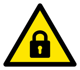 Vector lock flat warning sign. Triangle icon uses black and yellow colors. Symbol style is a flat lock attention sign on a white background. Icons designed for careful signals, road signs,
