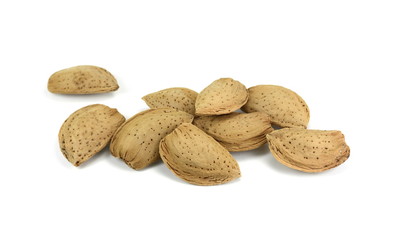 Unshelled almonds isolated on white background. Almond nut in shell.