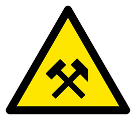 Vector job hammers flat warning sign. Triangle icon uses black and yellow colors. Symbol style is a flat job hammers hazard sign on a white background. Icons designed for careful signals, road signs,