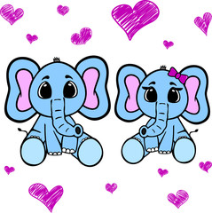 Enamored elephants. Vector template for design T-shirts. Fashion graphic for apparel. Character image elephant for children's magazines and preschool institutions. 