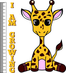 Giraffe measures growth. I am growing. Animal in cartoon style. Vector template for design T-shirts. Fashion graphic for apparel. Character image giraffe for children's magazines
