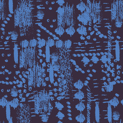 Abstract ethnic seamless vector pattern in blue and purple. Interesting decorative textural surface print design. For backgrounds, fabrics, stationery, and packaging.