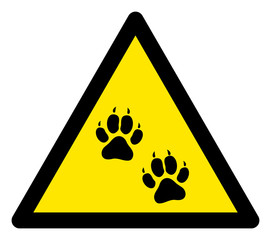 Vector tiger footprints flat warning sign. Triangle icon uses black and yellow colors. Symbol style is a flat tiger footprints attention sign on a white background. Icons designed for caution signals,