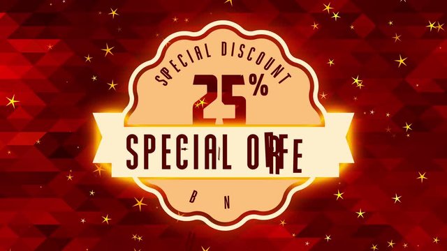 25 percent special decrease offer for sought after products with retro badge with ribbon over glowing red shape template background