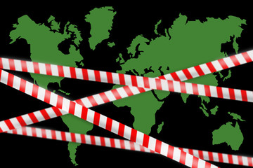 Closing borders due to quarantine. White and red ribbon as symbol of quarantine. Silhouette of continents on dark background. Concept - ban on travel world. Prohibition of movement within countries.