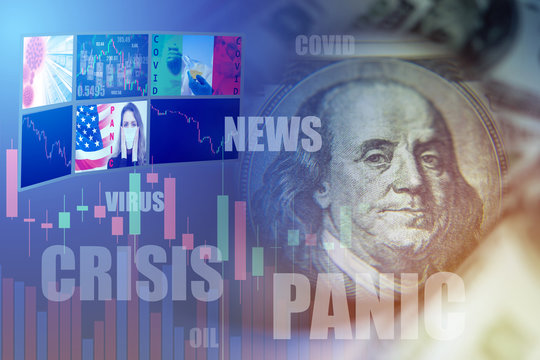 Franklin as a symbol of the stock market. Concept - panic in the US stock market. Panic in the financial market is associated with coronavirus. Covid 19 news on screens. Crisis due to Covid.