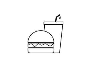 Drawn flat design outline burger and drink icon, icons fast food concept, set meal burger and drink, unhealthy junk food takeaway burger and drink, American food and beverages 