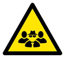 Vector mafia persons flat warning sign. Triangle icon uses black and yellow colors. Symbol style is a flat mafia persons attention sign on a white background. Icons designed for notice signals,