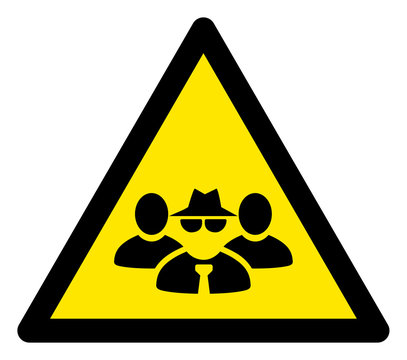 Vector mafia persons flat warning sign. Triangle icon uses black and yellow colors. Symbol style is a flat mafia persons attention sign on a white background. Icons designed for notice signals,