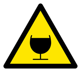 Vector wine glass flat warning sign. Triangle icon uses black and yellow colors. Symbol style is a flat wine glass attention sign on a white background. Icons designed for problem signals, road signs,