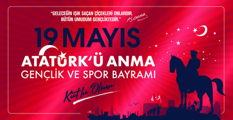 Milli Mücadelenin 101. Yılı, 19 Mayıs Atatürk'ü Anma, Gençlik ve Spor Bayramı Kutlu Olsun. Tebrik Kartı. Translation: 19 may Commemoration of Ataturk, Youth and Sports Day, 101th Year. Greeting Card.