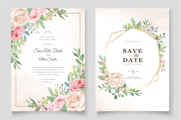 elegant wedding invitation design with floral and leaves - obrazy, fototapety, plakaty