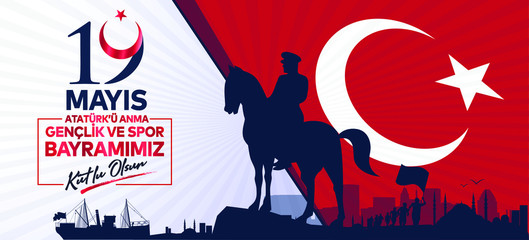 Milli Mücadelenin 101. Yılı, 19 Mayıs Atatürk'ü Anma, Gençlik ve Spor Bayramı Kutlu Olsun. Tebrik Kartı. Translation: 19 may Commemoration of Ataturk, Youth and Sports Day, 101th Year. Greeting Card.