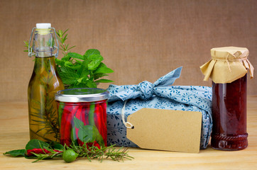 Authentic homemade jams and preserves with fabric wrapped gift, recycled card gift tag. Make, bake,...