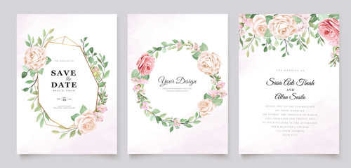 Fototapeta na wymiar elegant wedding invitation design with floral and leaves