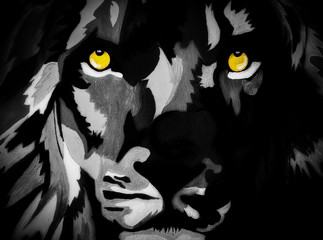 A dramatic acrylic painting on canvas of a lions face in black and white with yellow eyes