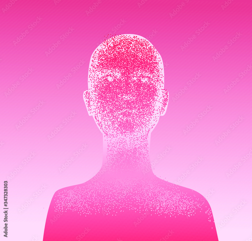 Poster Human head made of particles, generative computer art. Concept of artificial intelligence, Machine learning and neural networks.