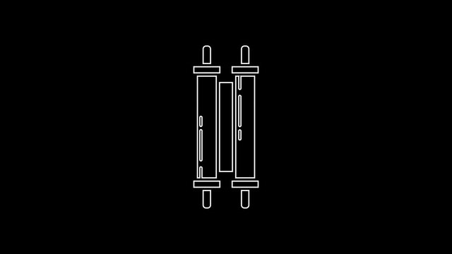 White line Torah scroll icon isolated on black background. Jewish Torah in expanded form. Star of David symbol. Old parchment scroll. 4K Video motion graphic animation