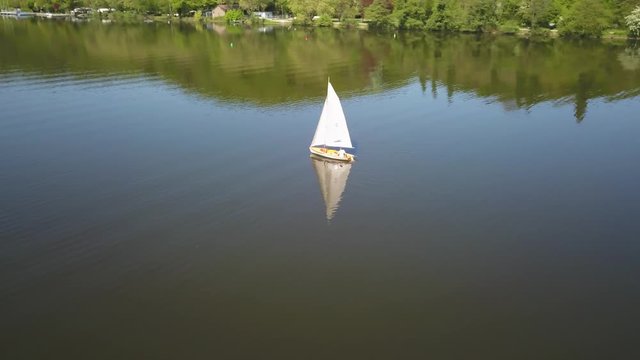 Aerial view of a sail boat at the Baldeneysee in Essen, North Rhine-Westphalia, Germany

