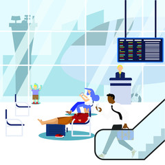 Cartoon Airport Waiting Flat Design Style Interior of Terminal Hall with Passenger. Vector illustration