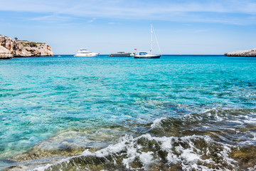 Sky, sea and boats landscape. Cala Varques, Majorca