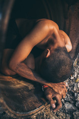 poor people,homeless or beggar begging for help sitting at dirty slum.concept for poverty...