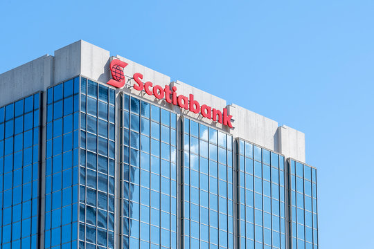 Mississauga, Ontario, Canada - July 14, 2019: Scotiabank office building in Mississauga, Ontario, Canada; Scotiabank is a Canadian multinational bank.

