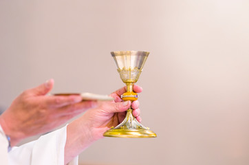 chalice with wine, blood of christ, and pyx with bread, body of christ, ready for the communion of...