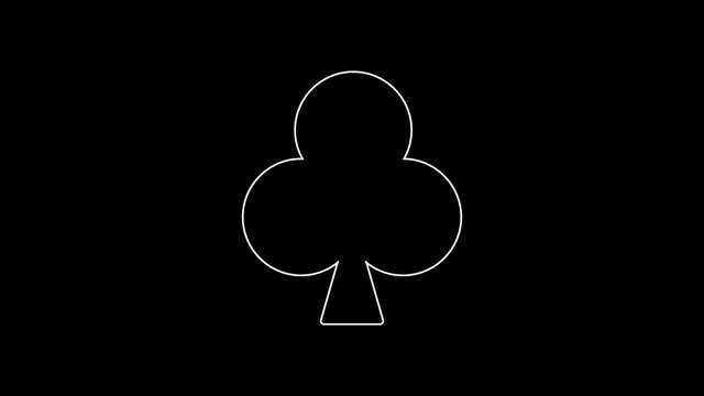 White line Playing card with clubs symbol icon isolated on black background. Casino gambling. 4K Video motion graphic animation