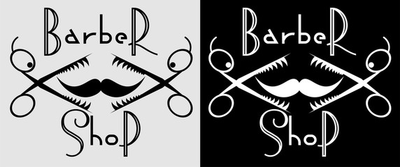 art minimal black barber shop logo of scissors and thin mustache swirling up