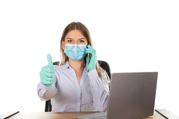 Business woman with mask at work - isolated