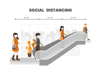People wear protective face masks, ride an escalator in public places or building and keep stay 6 feet (2 meters) from others, practice social distancing. COVID-19 outbreak prevention. 