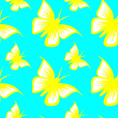 Fototapeta na wymiar Summer, bright seamless pattern of yellow butterflies on a turquoise background. Stylish minimalism, color, lines and shape. Use for packaging design, logo design,or as a print of fabric.