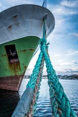 Green mooring ropes taut between the dock and a ship along the dockside