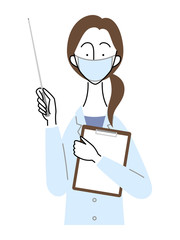 指示棒とバインダーを持った女性医師／マスク着用