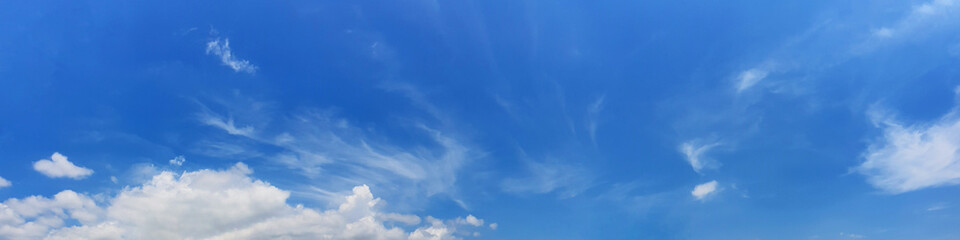 Blue sky panorama with cloud on a sunny day. Beautiful 180 degree panoramic image.