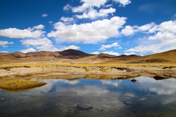 Landforms on the Qinghai-Tibet Plateau, under blue sky and white clouds, wetlands, grasslands, deserts and ice lakes interlace