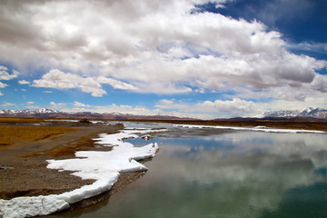 Landforms on the Qinghai-Tibet Plateau, under blue sky and white clouds, wetlands, grasslands, deserts and ice lakes interlace
