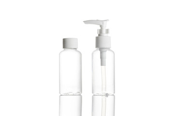 Pump bottle, empty sanitizer container for mineral cosmetic, soap shampoo isolated on white. Clear plastic blank cap for water, antiseptic gel in spray bottle on transparent background.