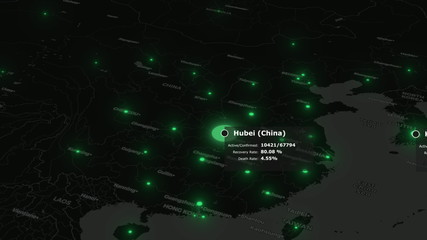 Dark global map of coronavirus COVID-19 with statistics data and pandemic warning in green color. China wuhan virus infection is spreading across the world. 3d rendering animated background in 4K.