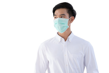Young asian man wear medical face mask for protection coronavirus, covid-19 and pm2.5 isolated on white background.