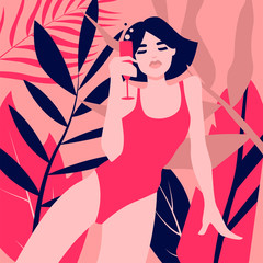 Stylish modern portrait of beautiful girl on the background of tropical leaves. Pose. Flat illustrtation. Template for card, poster, banner, print for t-shirt.