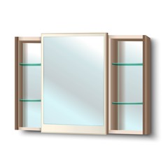 3d realistic vector bathroom mirror with shelves. Isolated on white.
