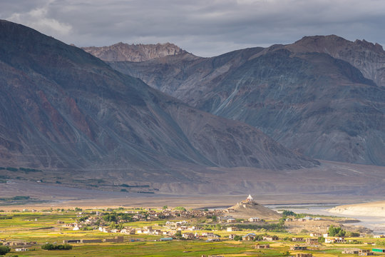Beautiful scenery of Padum village in summer season, Zanskar valley in Himalaya mountains range, Ladakh region in north India