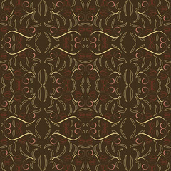 seamless pattern with leaves and flowers linocut style