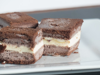 Homemade chocolate ice cream sandwiches cut into bite sized pieces